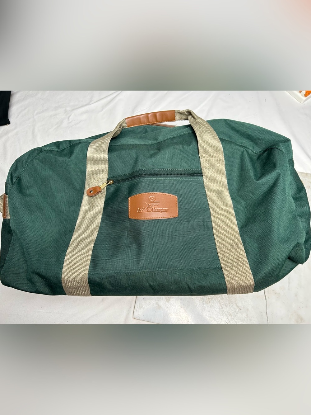 Vintage Texaco Additive Green Canvas Weekender Duffel Bag with Tan Straps